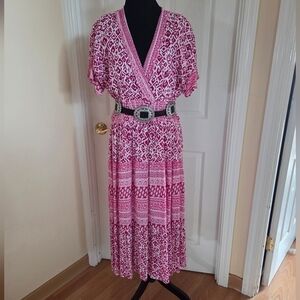 Pink Floral Mixed Graphics Boho Midi/Maxi Dress Western Festival Size Lp